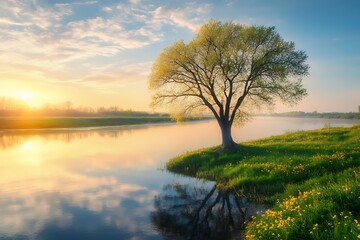 Solitary Tree Beside River at Sunrise with Dandelions and Golden Light Reflections