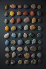 Collection of colorful pebbles and stones arranged on a dark background