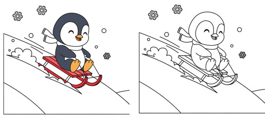Cute Happy Penguin Sledding Down a Snowy Hill with Snowflakes - Fun Winter Cartoon Illustration