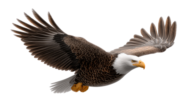 Soaring Eagle in Flight: A majestic bald eagle, its powerful wings spread wide, gracefully glides through the sky, showcasing the freedom and strength.