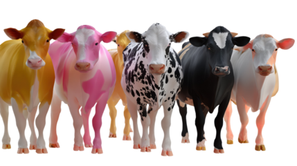 Colorful Cow Herd: A vibrant gathering of cows stands shoulder to shoulder, each displaying a unique and captivating coat color, creating a striking display of diversity and the wonders of nature.