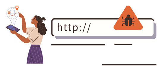 Woman using tablet to check a digital network, alert sign with bug icon highlighting website security concern. Ideal for cybersecurity, internet safety, data protection, online privacy, malware