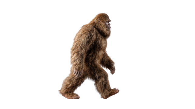 Bigfoot on the Move: The legendary Bigfoot, a mysterious bipedal creature, strides purposefully across an unseen terrain, shrouded in the mists of the unknown.