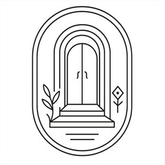 Minimalist arched entrance with steps and stylized botanical elements inside a decorative oval frame