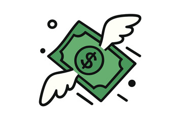 Flying dollar banknote with wings symbolizing fast spending and financial loss