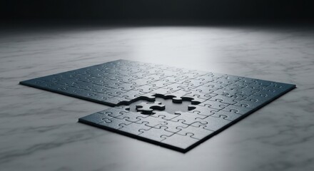Puzzle with a missing piece on a marble surface, lit dramatically from above