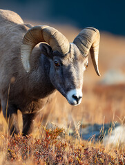 Obraz premium Close-up of Ram graze peacefully on the sparse mountain pastures
