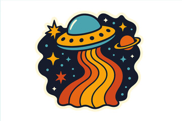 Groovy retro flying saucer emitting a colorful light beam against a dark cosmic background © icon_art