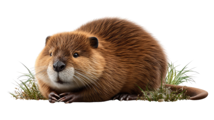 Alert Beaver in Nature: A curious beaver with rich brown fur sits amidst a tuft of green grass. Its beady eyes are wide, observing the world.