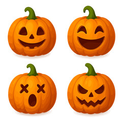 Set of four carved orange pumpkins with various spooky and funny facial expressions for Halloween celebration