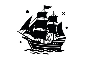 Classic tall ship sailing on ocean waves in black and white silhouette