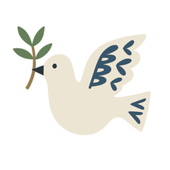 Flying white dove holding a green olive branch symbolizing peace and hope