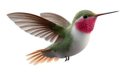 Naklejka premium Hummingbird in Flight: A vibrant hummingbird, wings spread wide, hovers gracefully, showcasing its iridescent plumage and delicate form. Capturing the essence of lightness and agility.