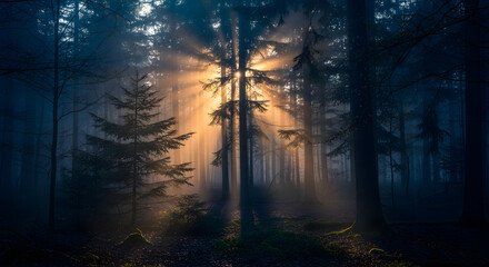 Misty forest landscape sun rays through trees scenic woodland nature photography background wallpaper image
