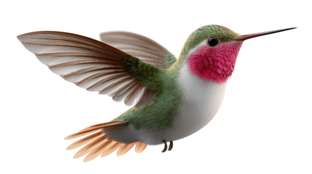 Hummingbird in Flight: A vibrant hummingbird, wings spread wide, hovers gracefully, showcasing its iridescent plumage and delicate form. Capturing the essence of lightness and agility.