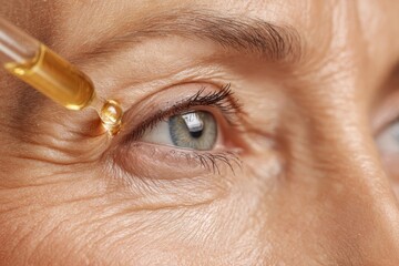 Mature woman applying serum on her face. Caucasian 50s female holding dropper skin care product. Anti Age essential oil with oily pipette. Advertising facial care cosmetics. Health, youth. Drop fluid