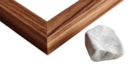 Wooden Frame and Stone Accent: Close-up composition of wooden frame and stone accent, emphasizing texture and form.