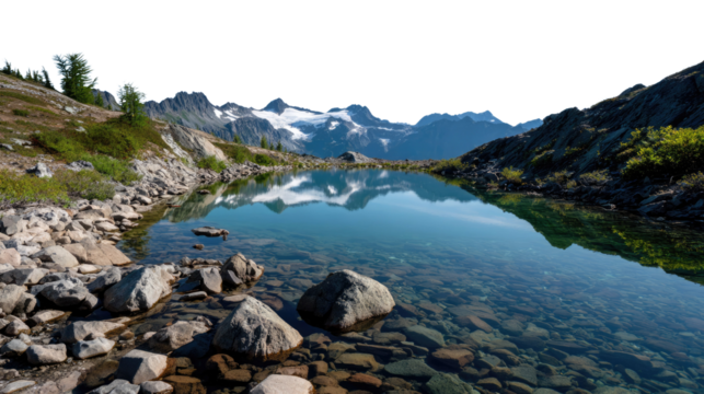 Tranquil Alpine Lake: A serene alpine lake reflects the majestic snow-capped peaks and vibrant sky, creating a picturesque scene of natural beauty and peacefulness.