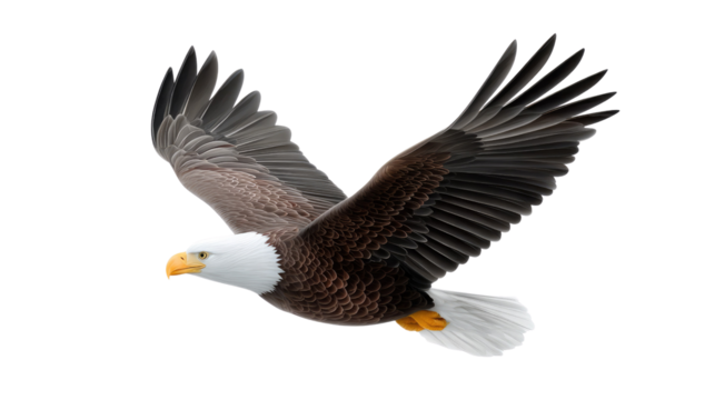 Majestic Eagle Soaring: Witness the freedom of a bald eagle in mid-flight, its powerful wings gracefully navigating the open sky. Capturing its strength and poise.