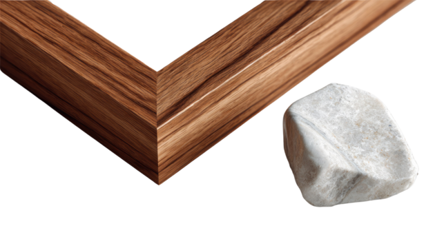 Wooden Frame and Stone Accent: Close-up composition of wooden frame and stone accent, emphasizing texture and form.