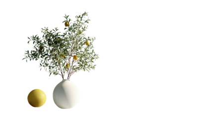 Floral elegance : A sophisticated still life arrangement showcases a spherical, elegant vase adorned with delicate branches and vibrant yellow fruit and a spherical yellow fruit beside the vase.