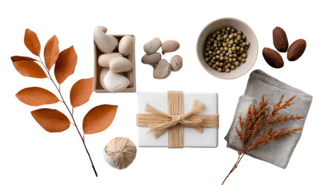 Autumnal Still Life: An artistic arrangement of natural elements showcases autumn's beauty and serenity, composed of pebbles, leaves, and various organic textures. 