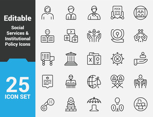 Editable Social Policy & Governance Line Icons, Minimalist Symbols of Public Services, Civic Welfare, Legal Systems, Healthcare, Education, and Equality.