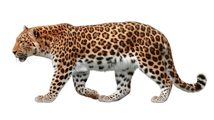 Fototapeta premium Leopard on the prowl: A majestic leopard strides confidently, its stunning coat and intense gaze conveying power, elegance, and stealth.