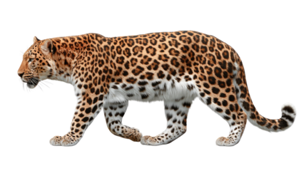 Leopard on the prowl: A majestic leopard strides confidently, its stunning coat and intense gaze conveying power, elegance, and stealth.