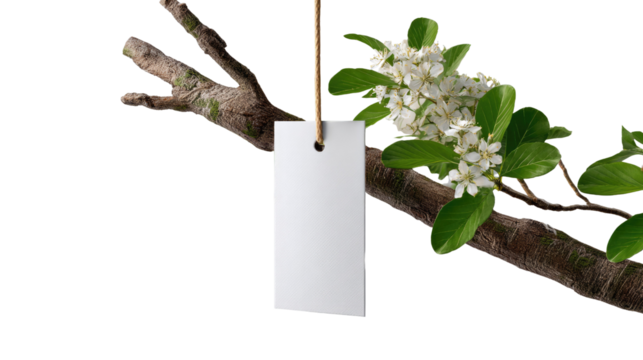 Nature's Label: An empty tag dangles gracefully from a delicate branch adorned with vibrant green leaves and blooming white flowers.
