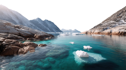 Arctic Lake Serenity:  A breathtaking panorama unfolds, revealing turquoise waters cradling icy sculptures, against a backdrop of imposing mountains and rugged coastlines.