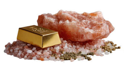 Golden Bar and Mineral Abundance: A radiant gold bar rests amidst a collection of raw minerals, highlighting the contrast of wealth with the natural world and the earth's bounty.