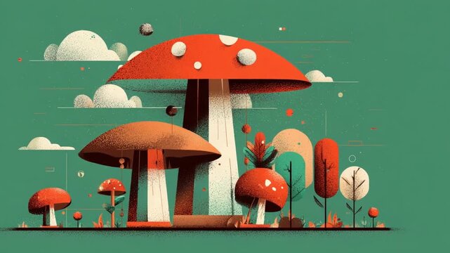 Stylized illustration of mushrooms and foliage against a green background digital art