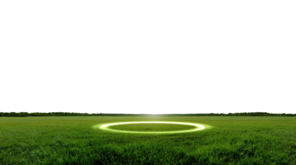 Mysterious Circle on Field: An otherworldly green circle shimmers on a field, hinting at an unknown event. The sky sets a stage for potential action.