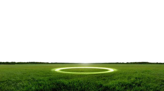 Mysterious Circle on Field: An otherworldly green circle shimmers on a field, hinting at an unknown event. The sky sets a stage for potential action.