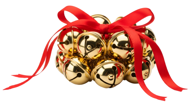 A festive and abundant collection of golden jingle bells adorned with a vibrant red ribbon bow, perfect for holiday decorations and joyous celebrations