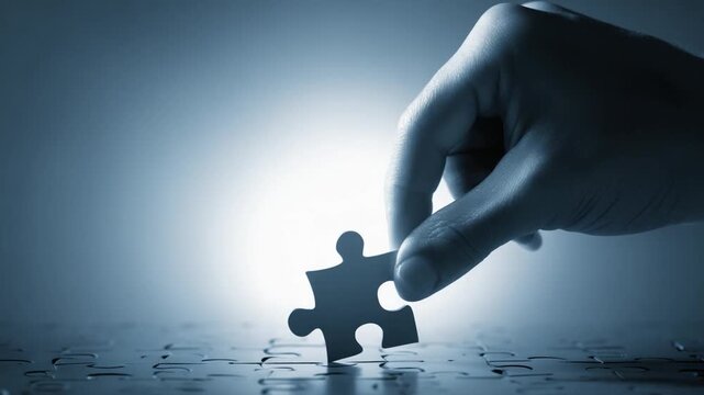 A hand placing a jigsaw puzzle piece in a close up shot symbolizing problem solving