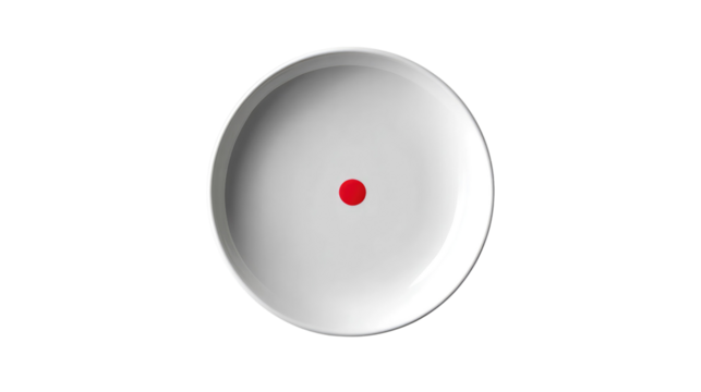Minimalist Elegance: A simple, white ceramic plate featuring a striking red dot at its center, embodying a sense of modern purity and focus.