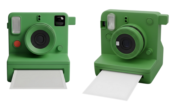 Two green instant cameras ready to capture memories with photo prints emerging isolated on transparent background