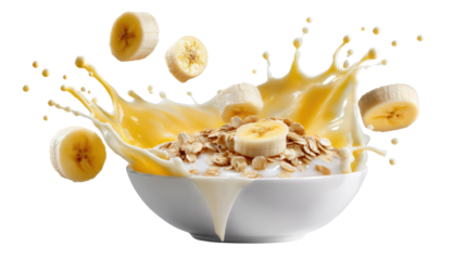 Banana oat bowl splash: Capturing the moment of a bowl of wholesome oats, creamy yogurt, and sliced bananas. Showing fresh ingredients merging in a refreshing explosion of flavor.