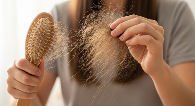 Comb Through Hair: A close-up view shows a person examining hair loss, with the comb and strands of fallen hair in focus, highlighting the emotional distress.