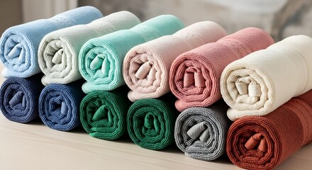 Rolled Colorful Towels Neatly Stacked on a Wooden Surface, Featuring Blue, White, Green, Pink, Gray, and Brown Textile Materials.