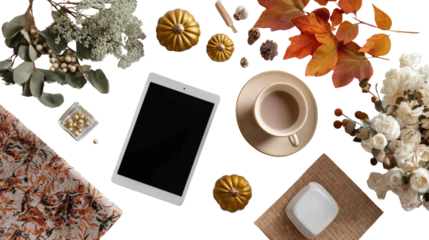 Autumn Tablet & Coffee: An inviting autumn scene featuring a tablet, a warm coffee, and seasonal decor, perfect for cozy work or relaxation. 