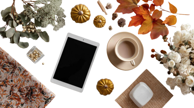Autumn Tablet & Coffee: An inviting autumn scene featuring a tablet, a warm coffee, and seasonal decor, perfect for cozy work or relaxation. 
