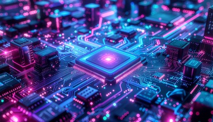 Obraz premium Futuristic microchip glowing in neon colors symbolizing advanced processor technology, data processing, and digital innovation.