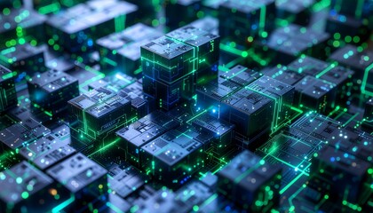 Obraz premium Futuristic network of digital cubes glowing in neon light representing blockchain technology and data processing system.