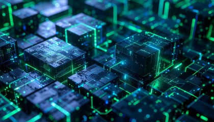 Futuristic 3D cubes glowing in blue and green tones representing blockchain data structure and digital information technology.