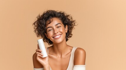 Smiling Woman Holding Skincare Product Against Neutral Background for Beauty and Wellness Concept