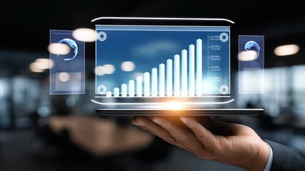 Person holds a tablet projecting business growth charts and data visualization in office - Powered by Adobe
