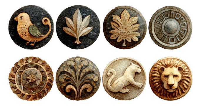 Detailed Decorative Elements Featuring Birds, Leaves, and Animals in Circular Design